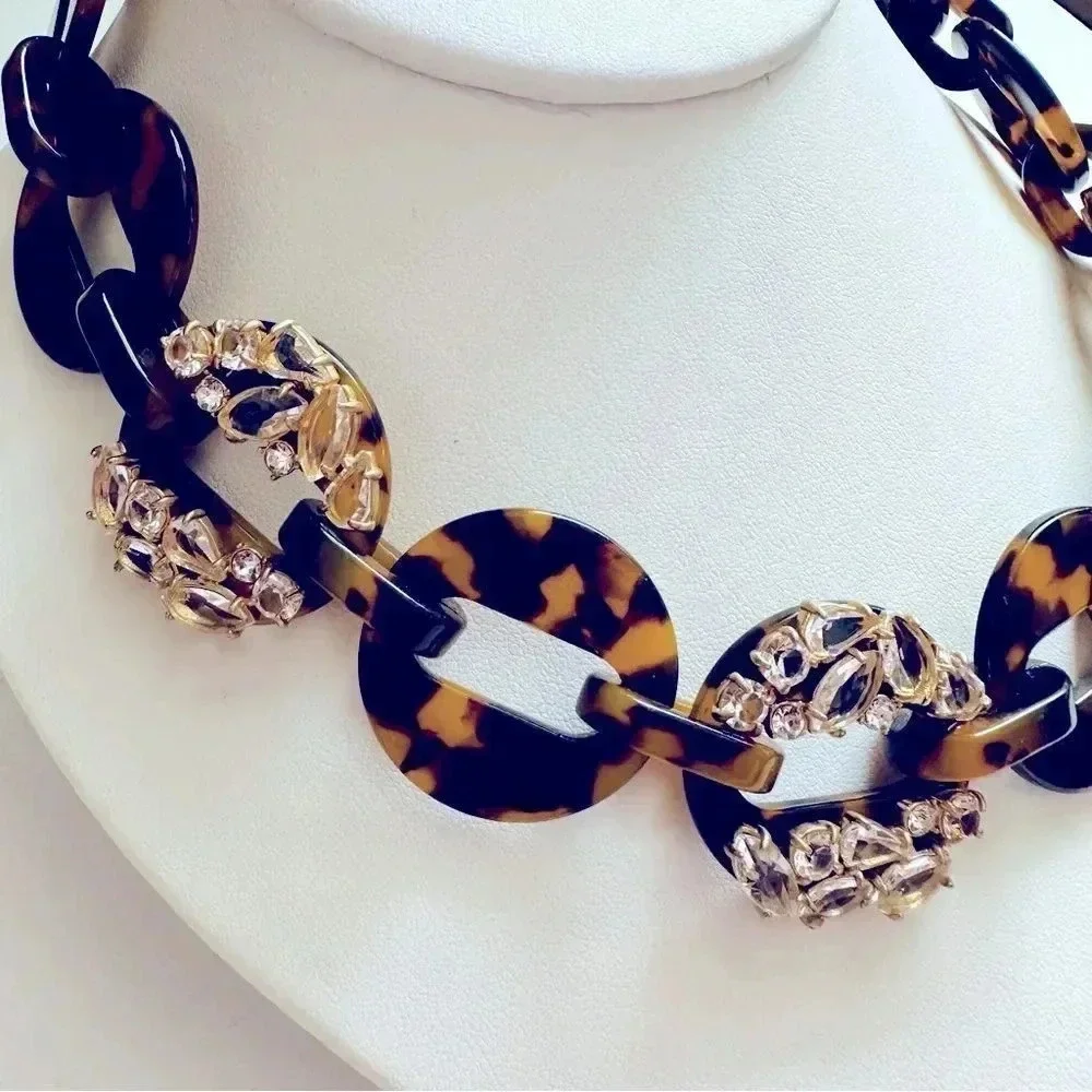 NWT J. Crew Tortoise And Rhinestone/Crystal Link Adjustable Statement Necklace